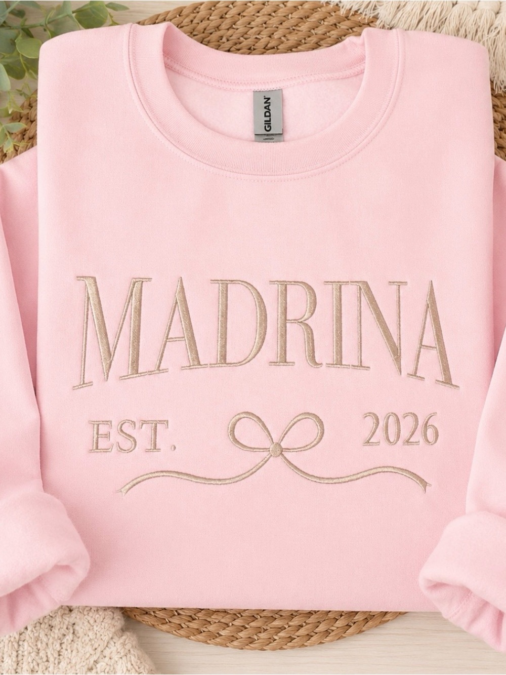 Gildan Pink Sweatshirt with Gold Madrina Embroidery